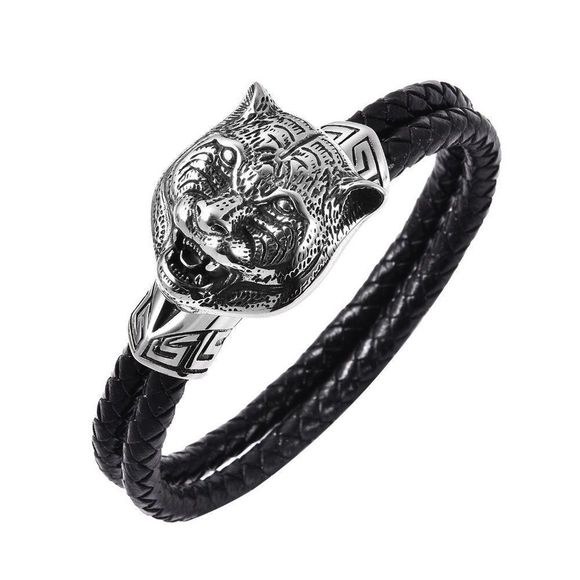 Double Strand Tiger Bracelet Stainless Steel Leather (8.00 In) Black - Picture 1 of 5